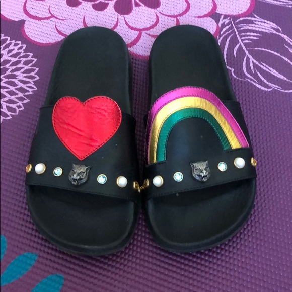 Gucci Shoes - Gucci slides w rainbows and ❤️